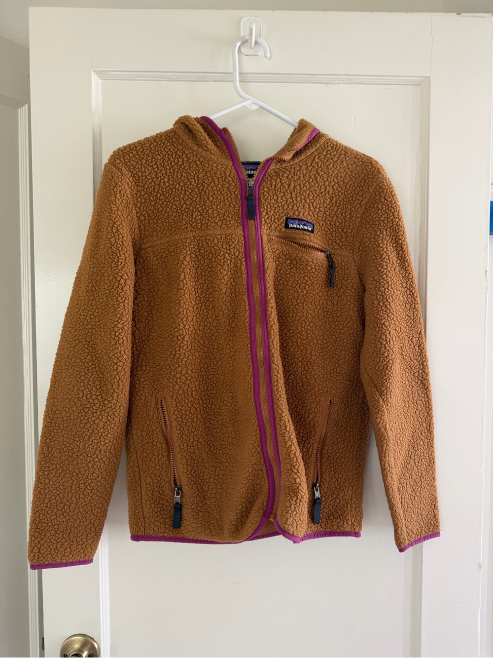 Patagonia Tan Sherpa Fleece Jacket with Purple Trim